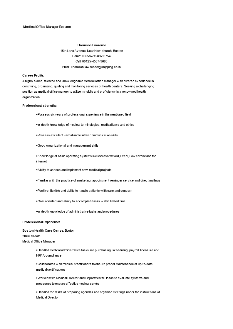 Medical Administrative Manager Resume 模板