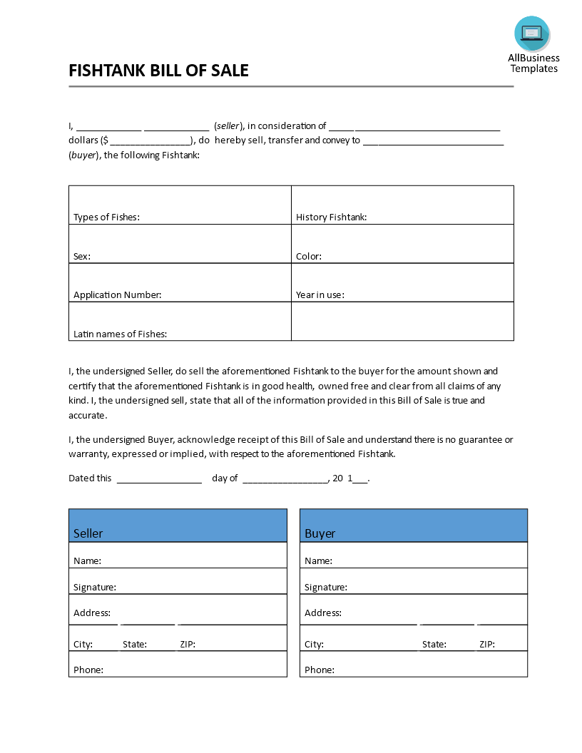 fishtank bill of sale template