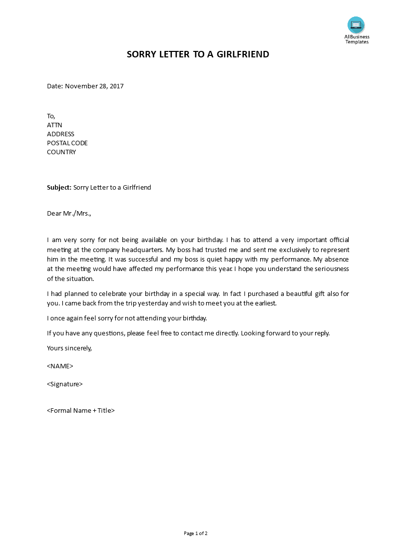 sorry letter to a girlfriend Hauptschablonenbild