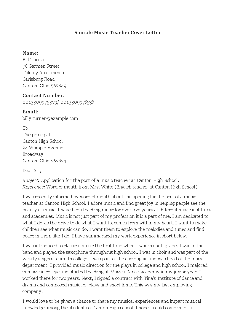 music teacher cover letter for resume template