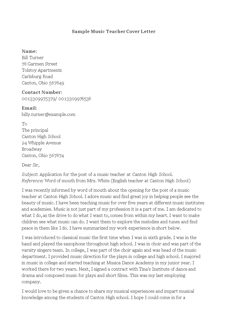 Music Teacher Cover Letter for Resume main image