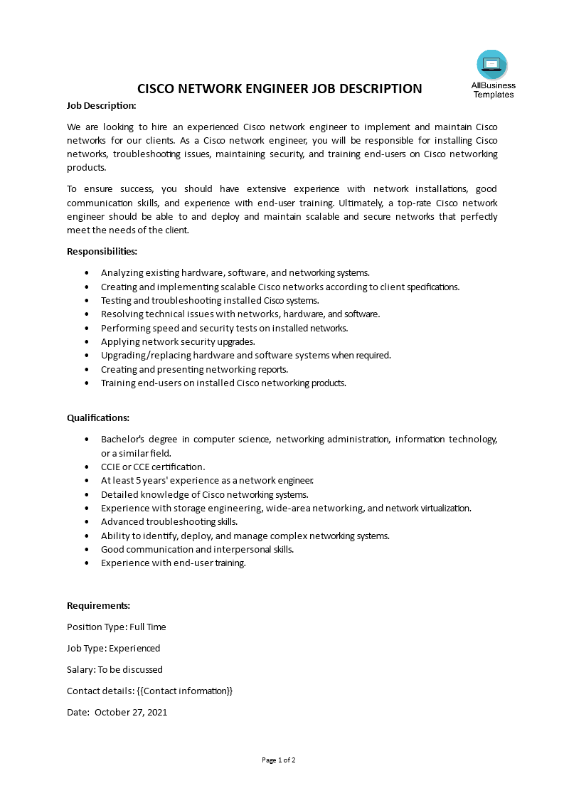 cisco network engineer job description template