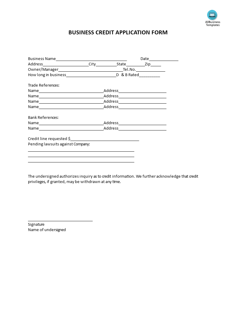 business credit application form template