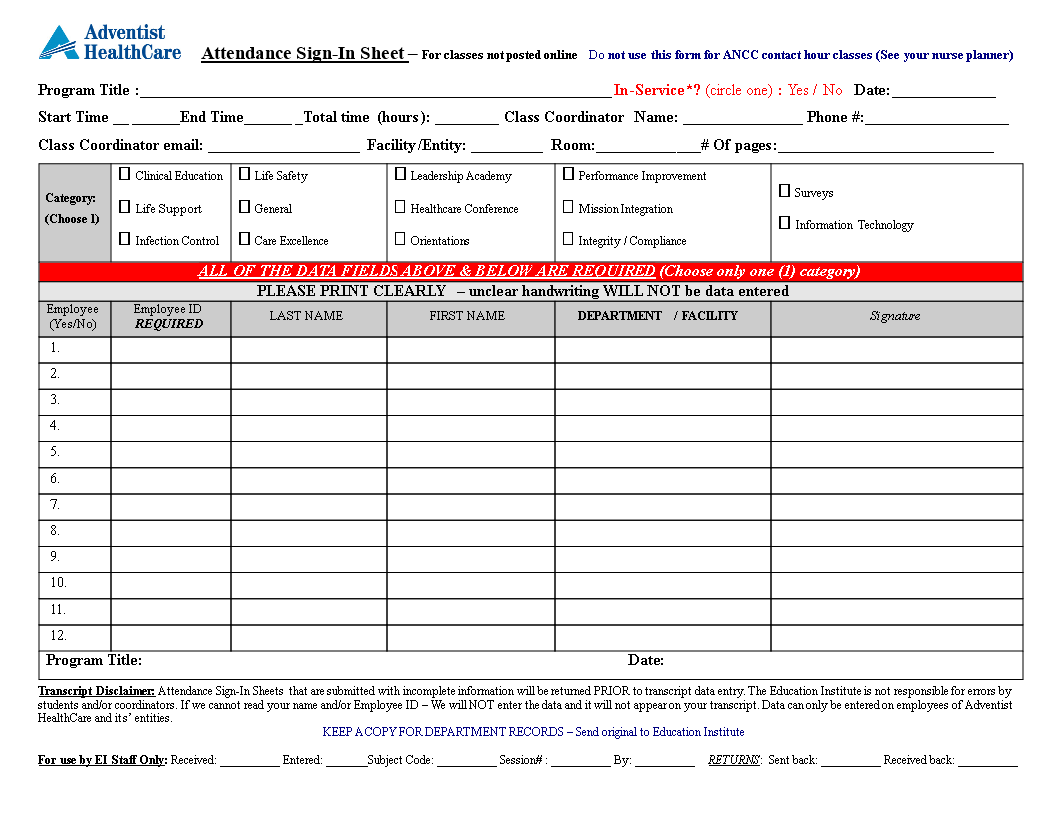 employee attendance sign in sheet template