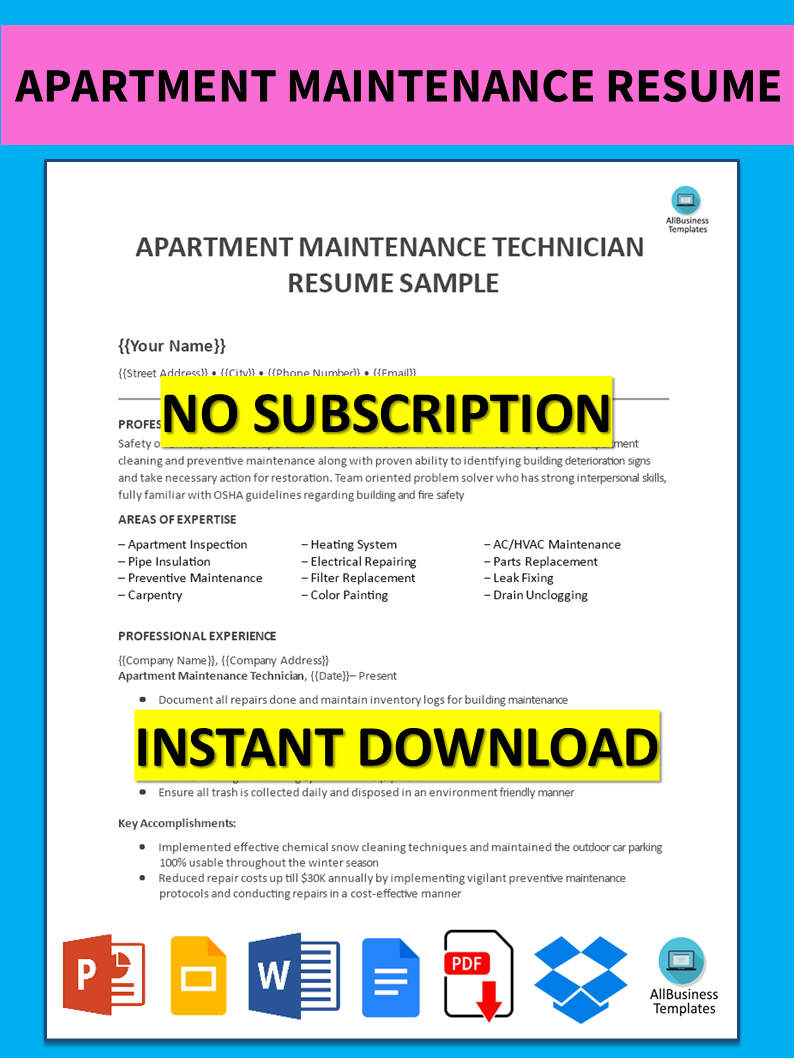 Kostenloses Apartment Maintenance Resume