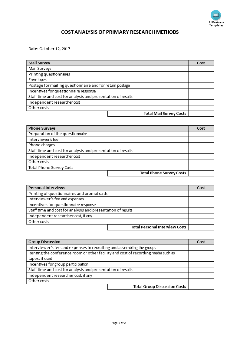 Market Analysis - Cost Analysis Of Market Research Methods 模板