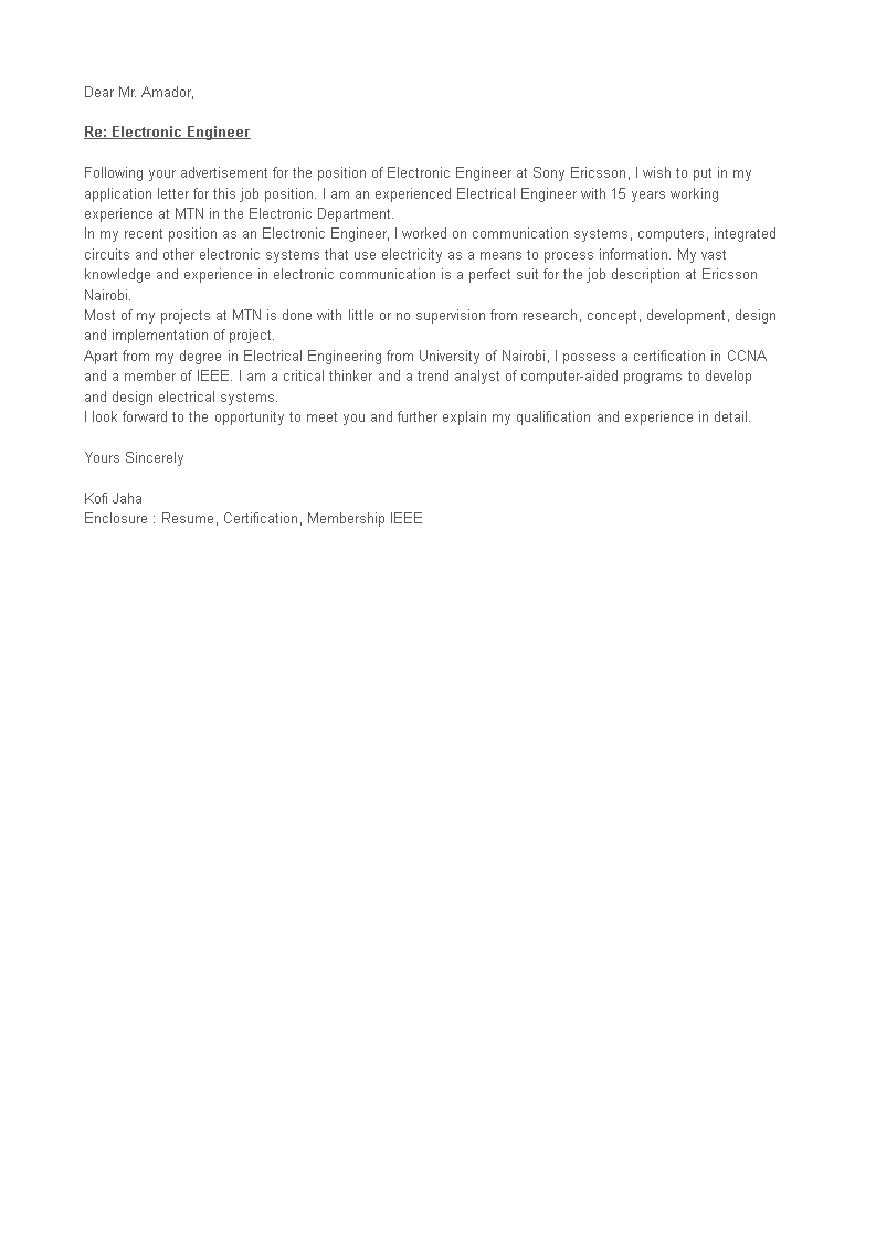 electrical engineering job application letter modèles