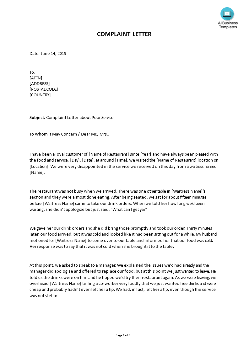 sample complaint letter about poor service plantilla imagen principal