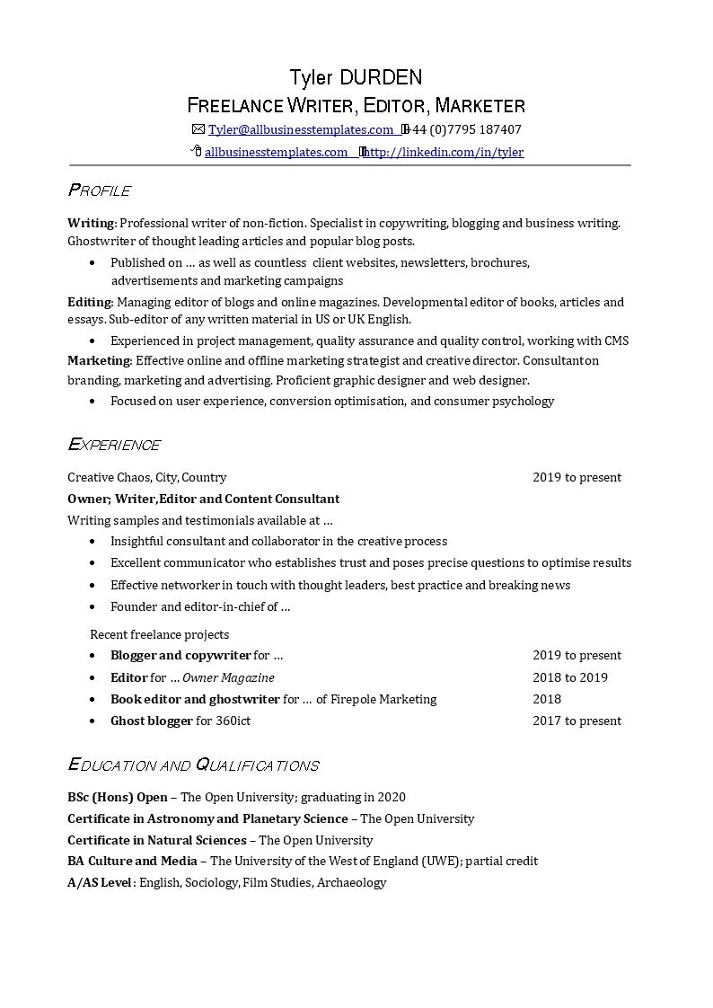 marketing freelancer resume template
