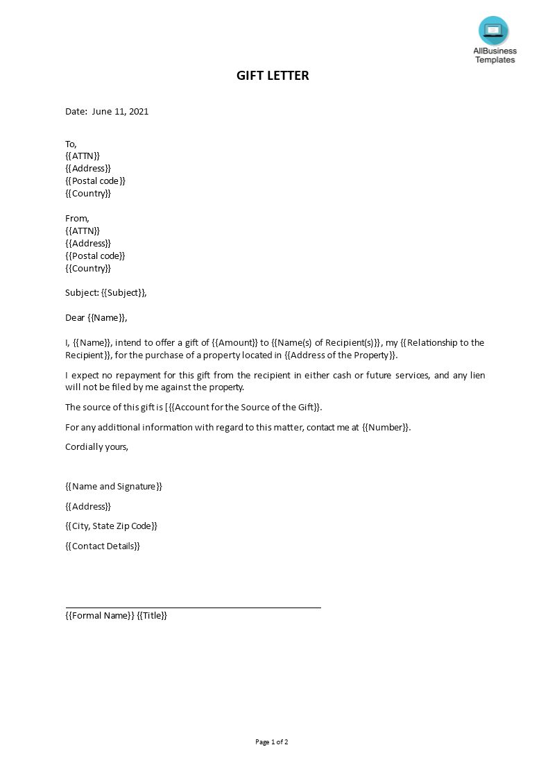 Kostenloses Gift Letter In Mortgage Gift Letter Template