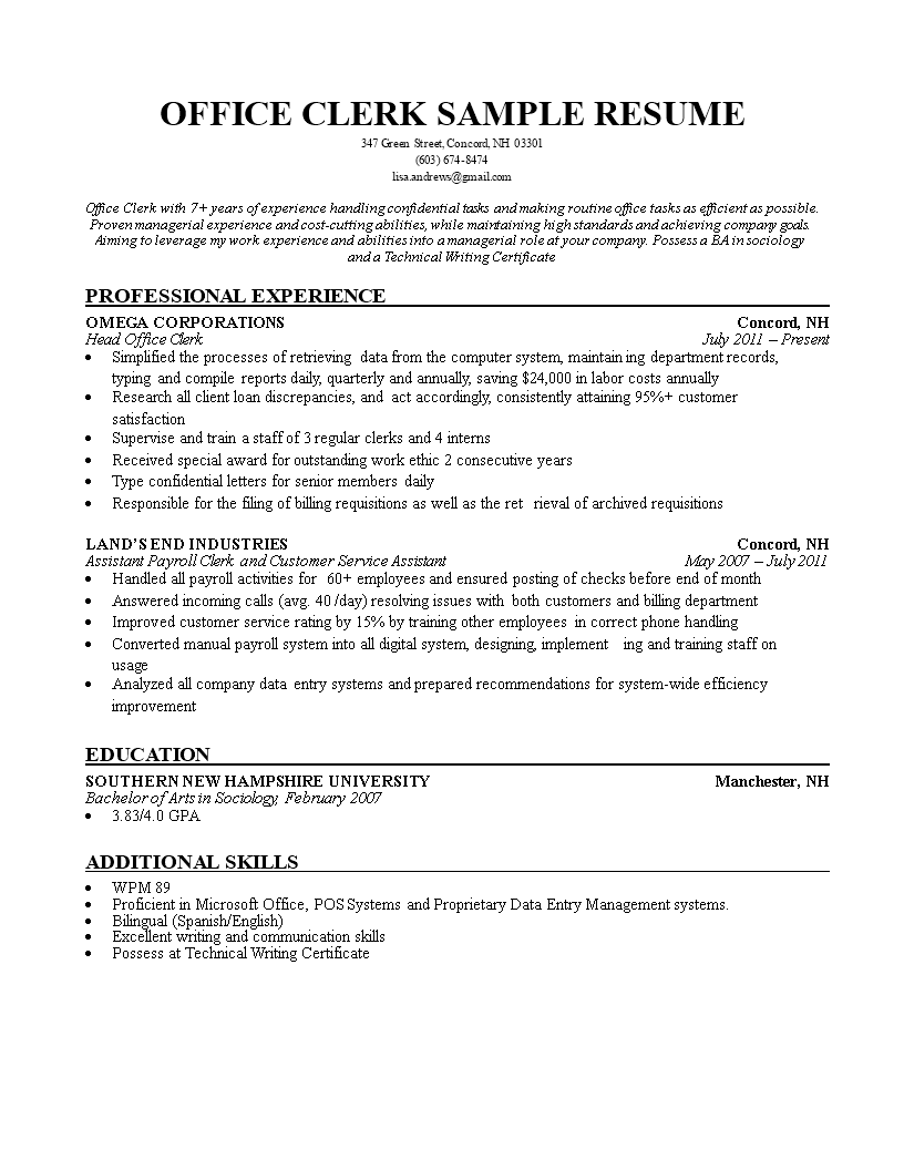 Office Clerk CV 模板