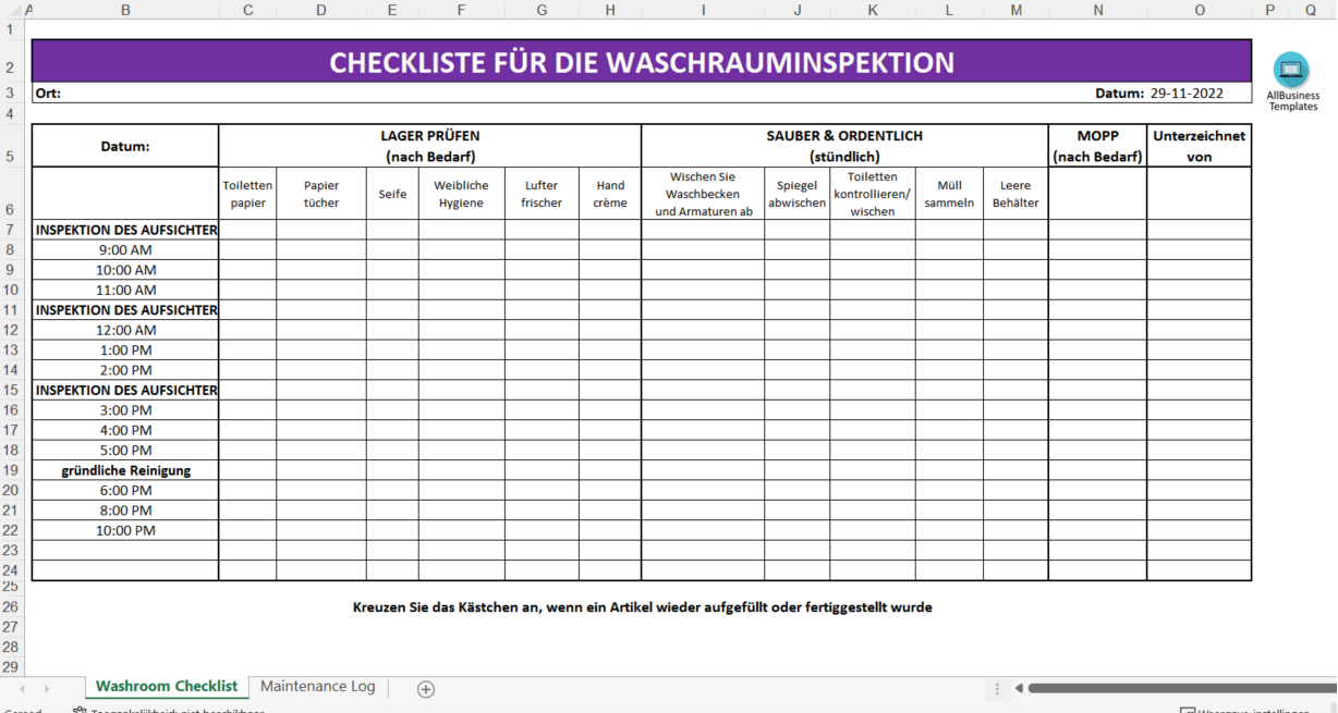 Checkliste für die Waschraumreinigung 模板