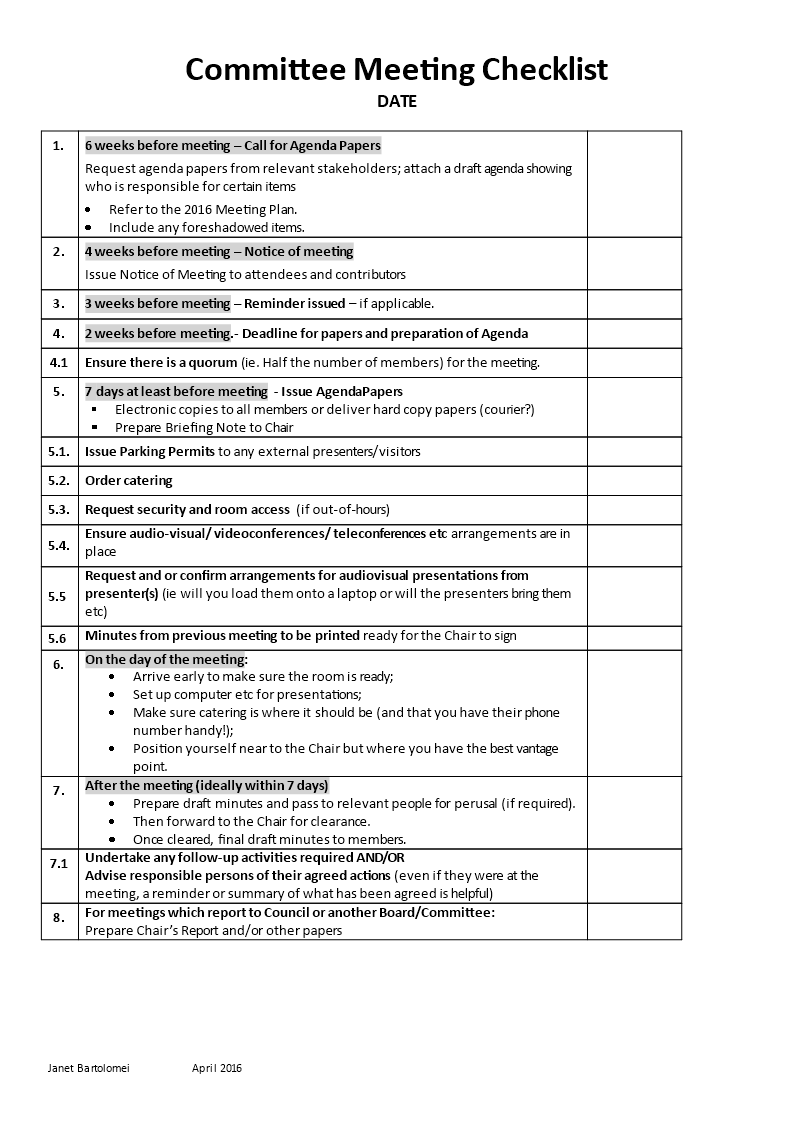committee meeting checklist voorbeeld afbeelding 