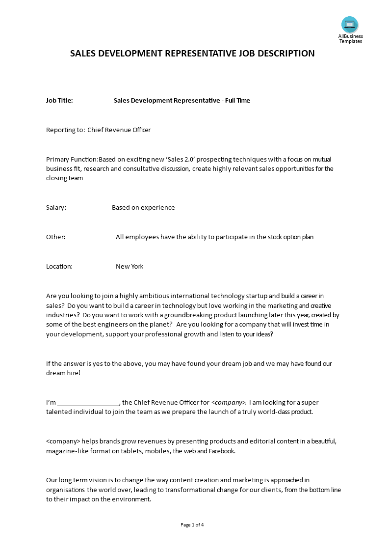 sales development representative job description template