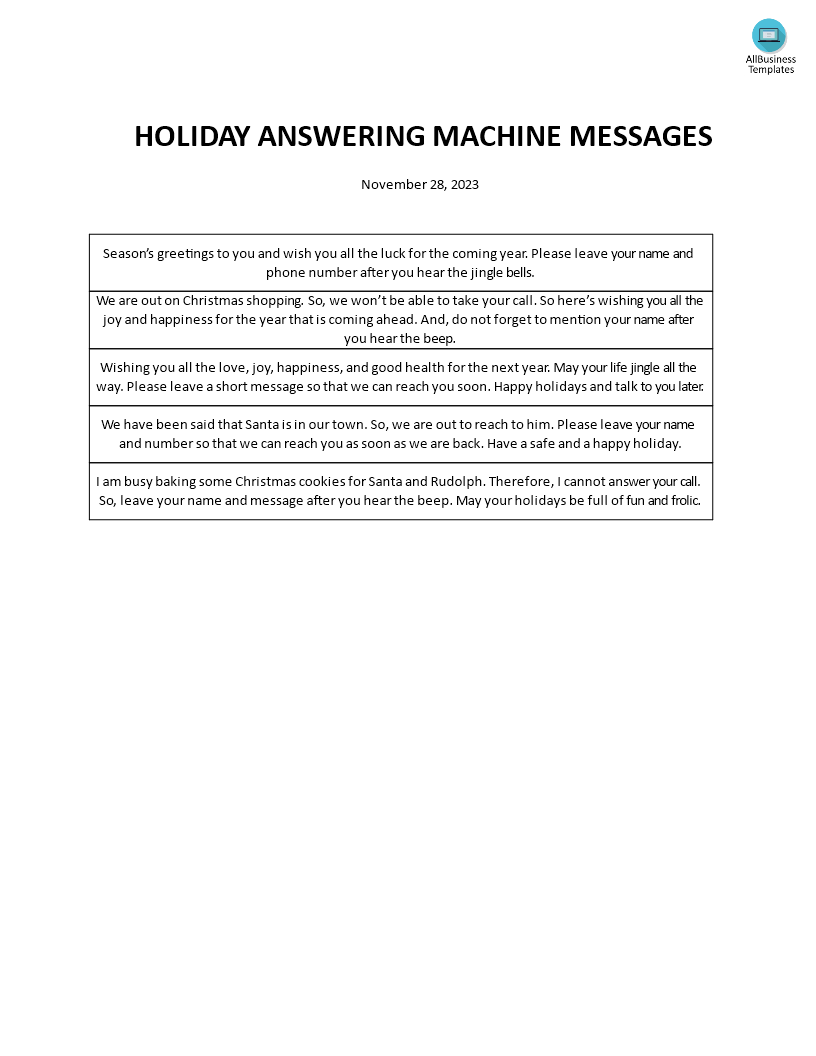 holiday answering machine messages voorbeeld afbeelding 