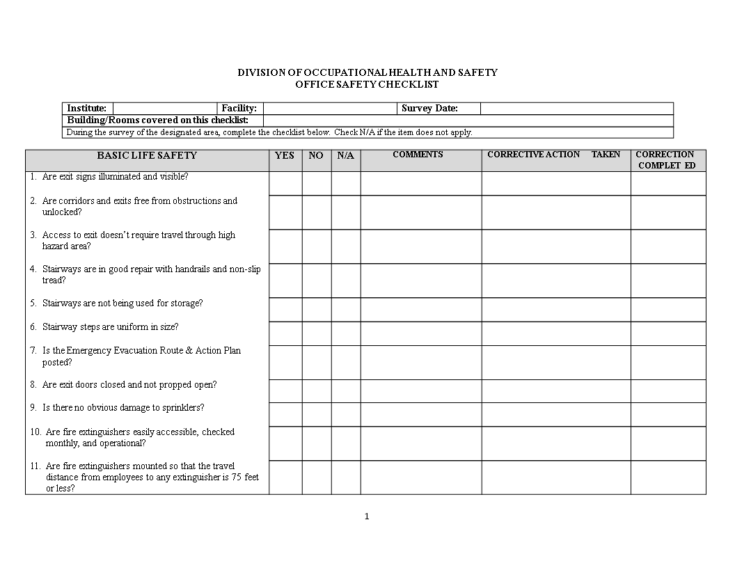 Office Safety Checklist 模板