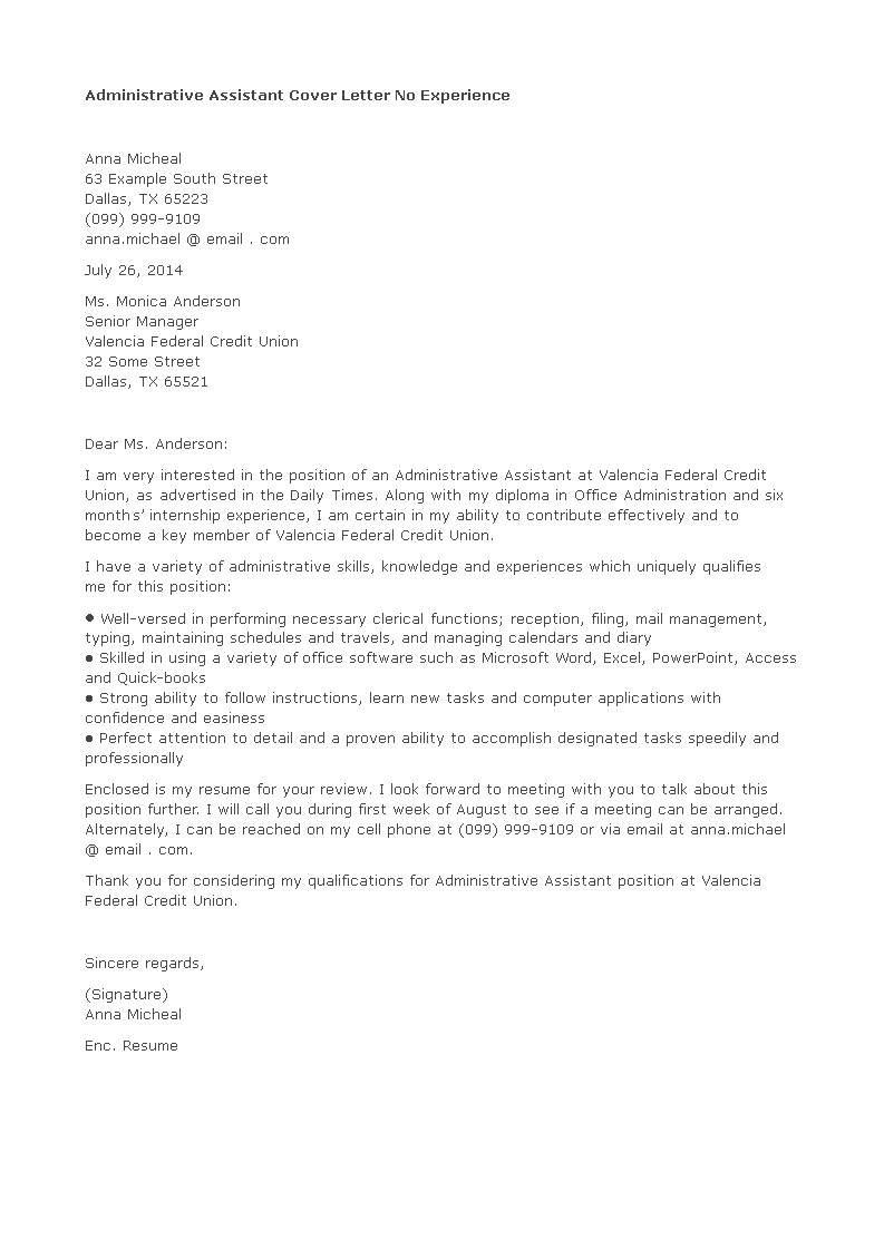 Administrative Assistant Cover Letter No Experience main image