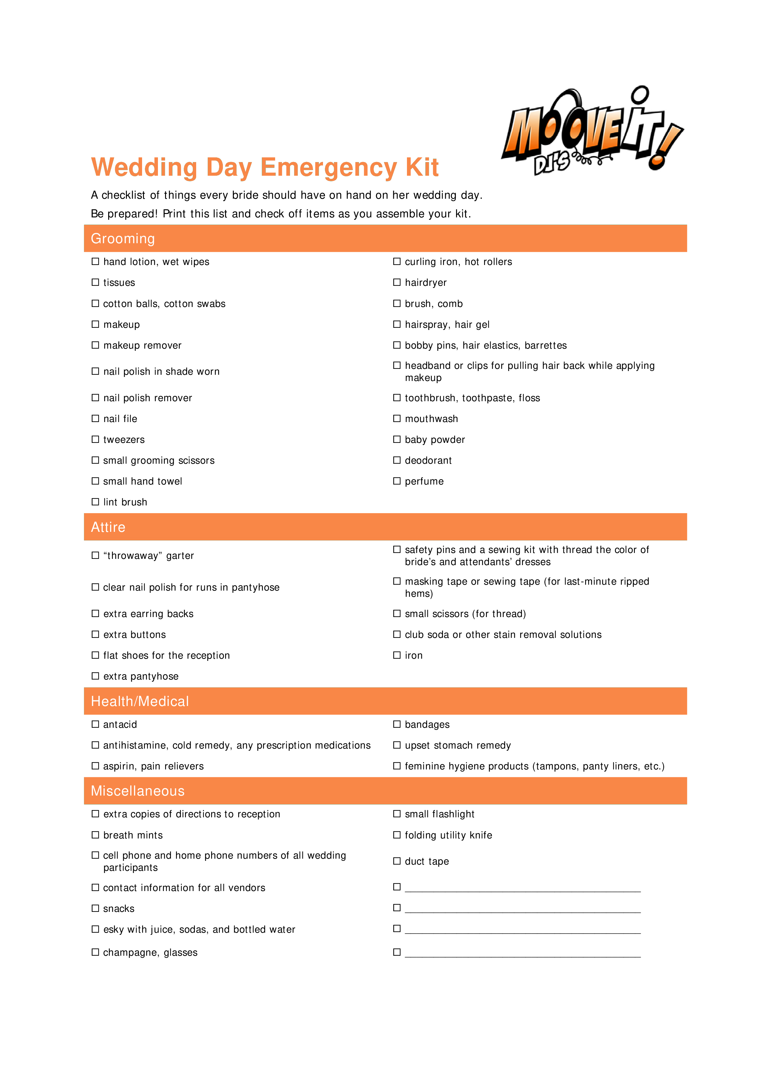 wedding day emergency checklist template