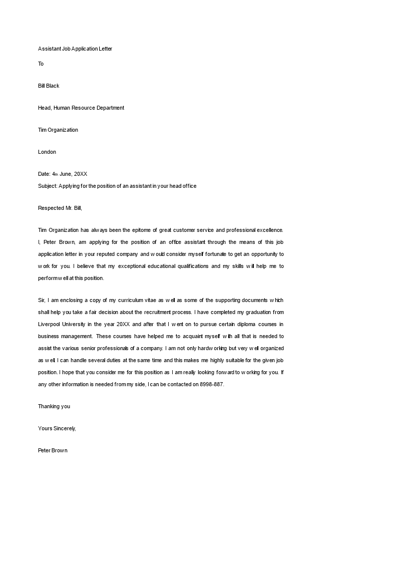assistant job application letter voorbeeld afbeelding 