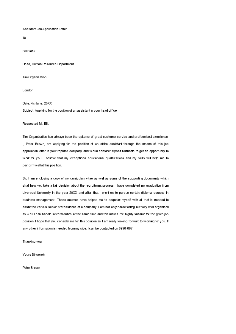 assistant job application letter template