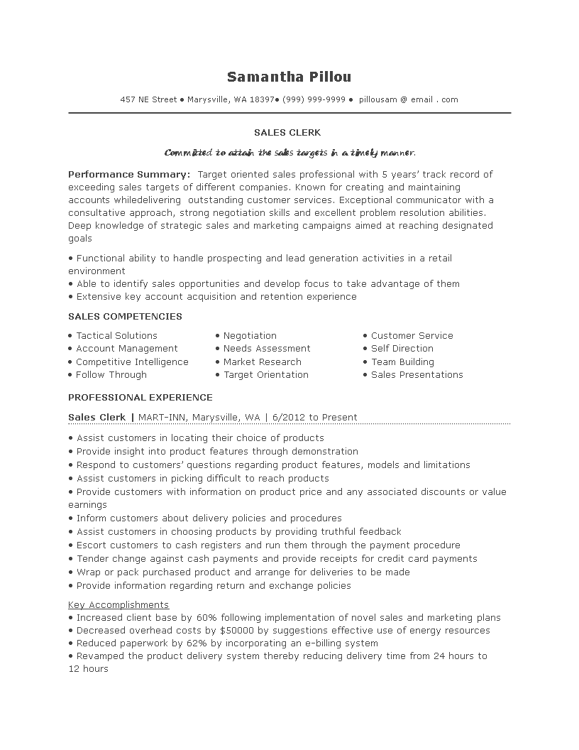 Sales Clerk Job Resume 模板