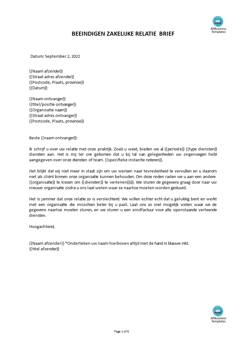 opzeggingsbrief voorbeeld template