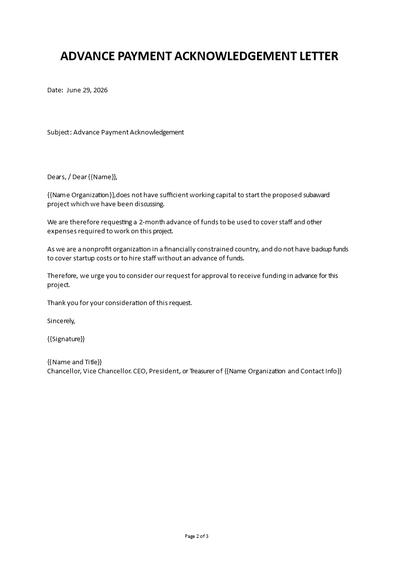 advance payment acknowledgement letter modèles