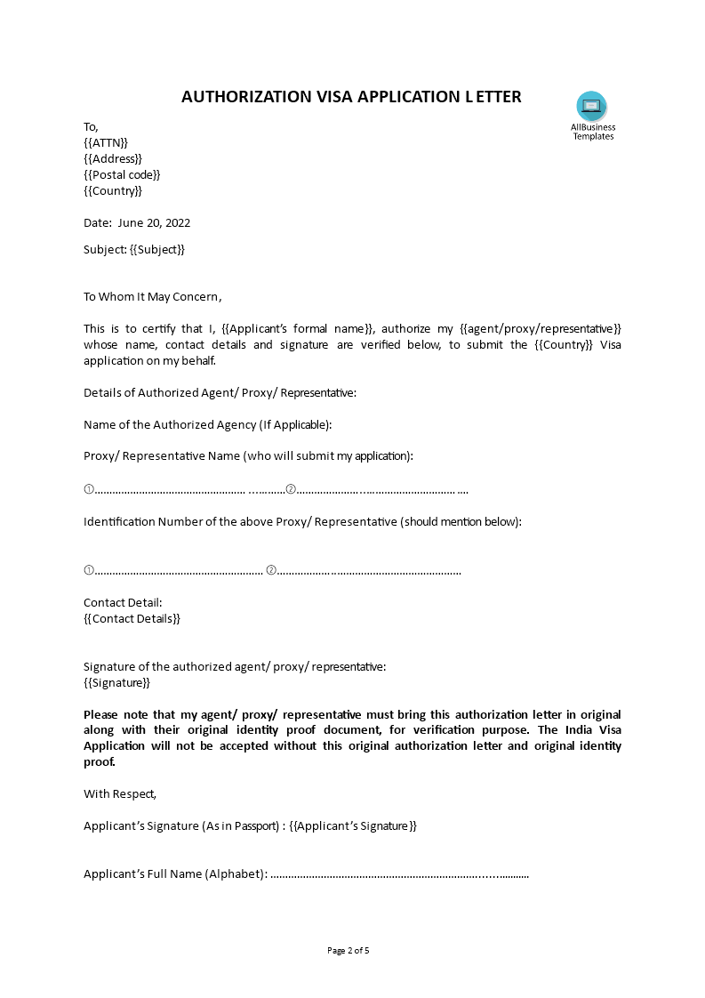 visa application authorization letter voorbeeld afbeelding 
