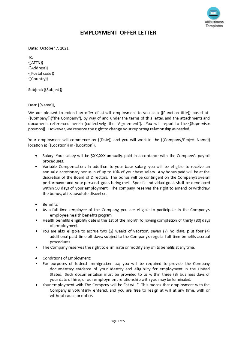 employment offer letter template