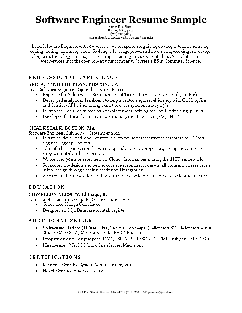 software engineering resume format template