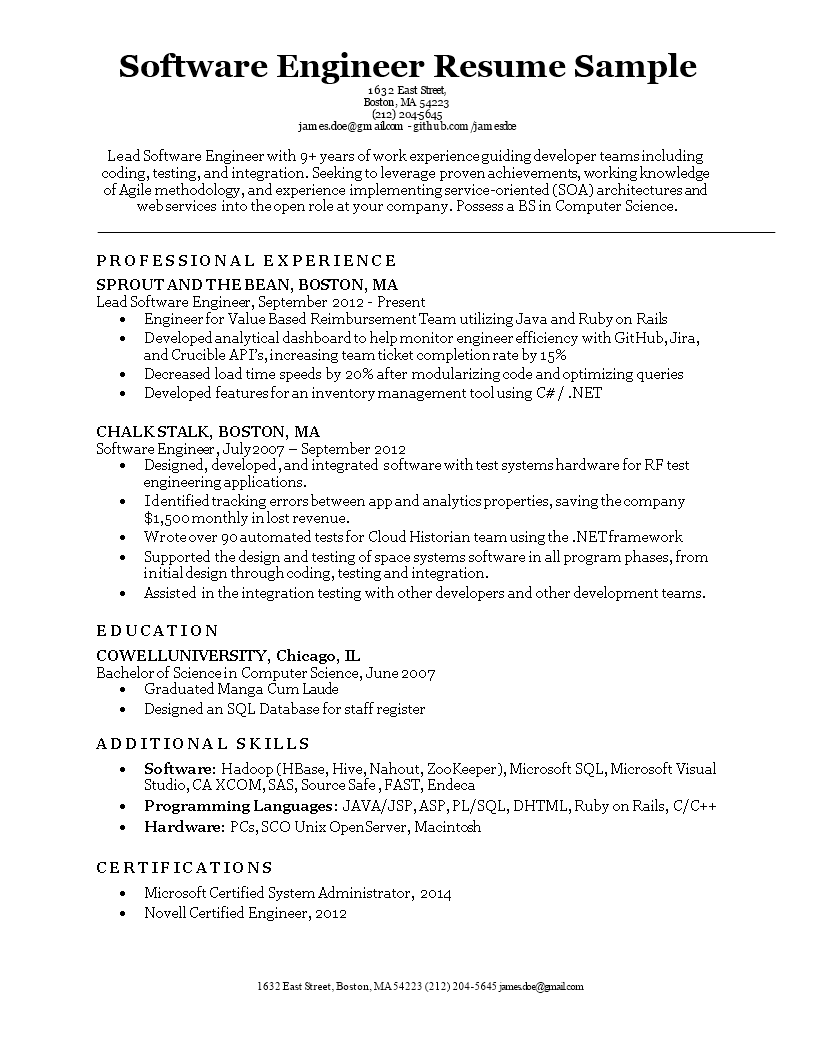 Software Engineering Resume Format 模板