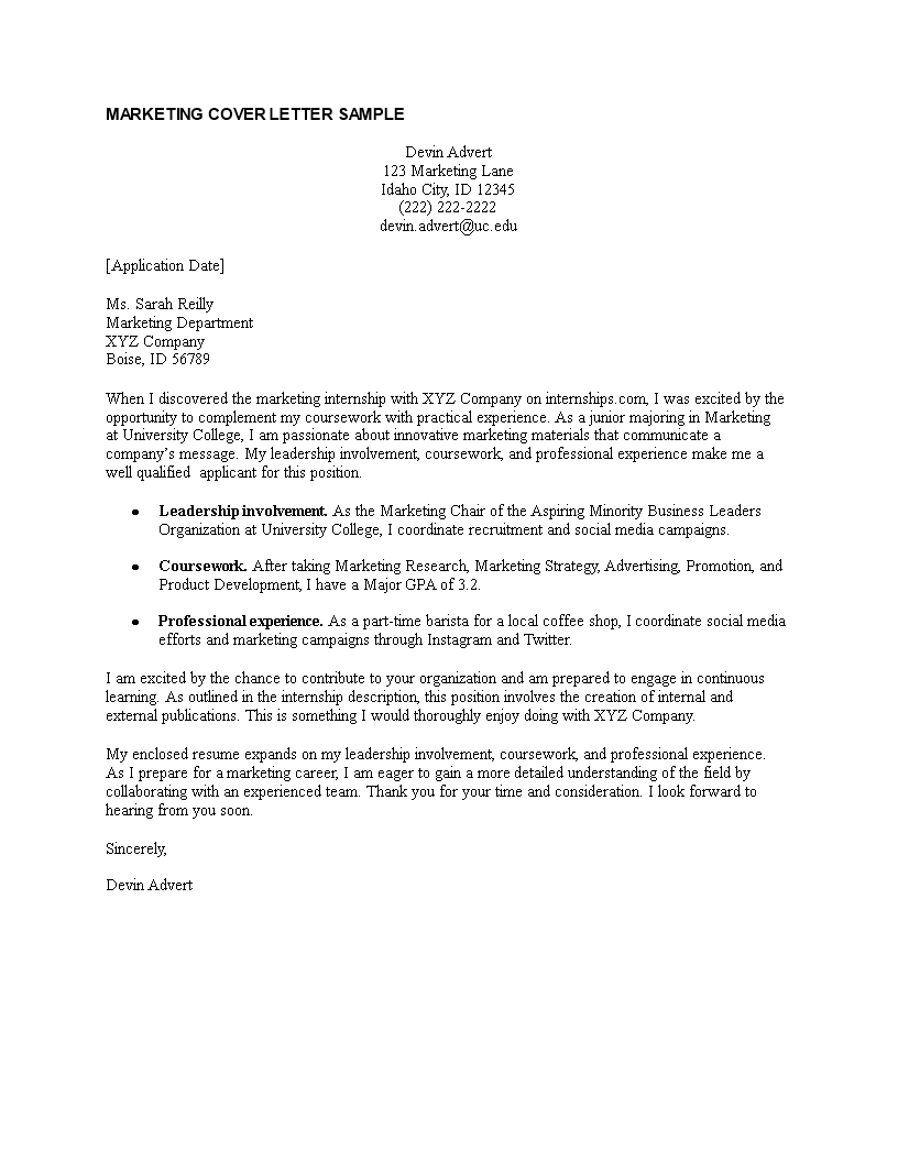 marketing internship cover letter template