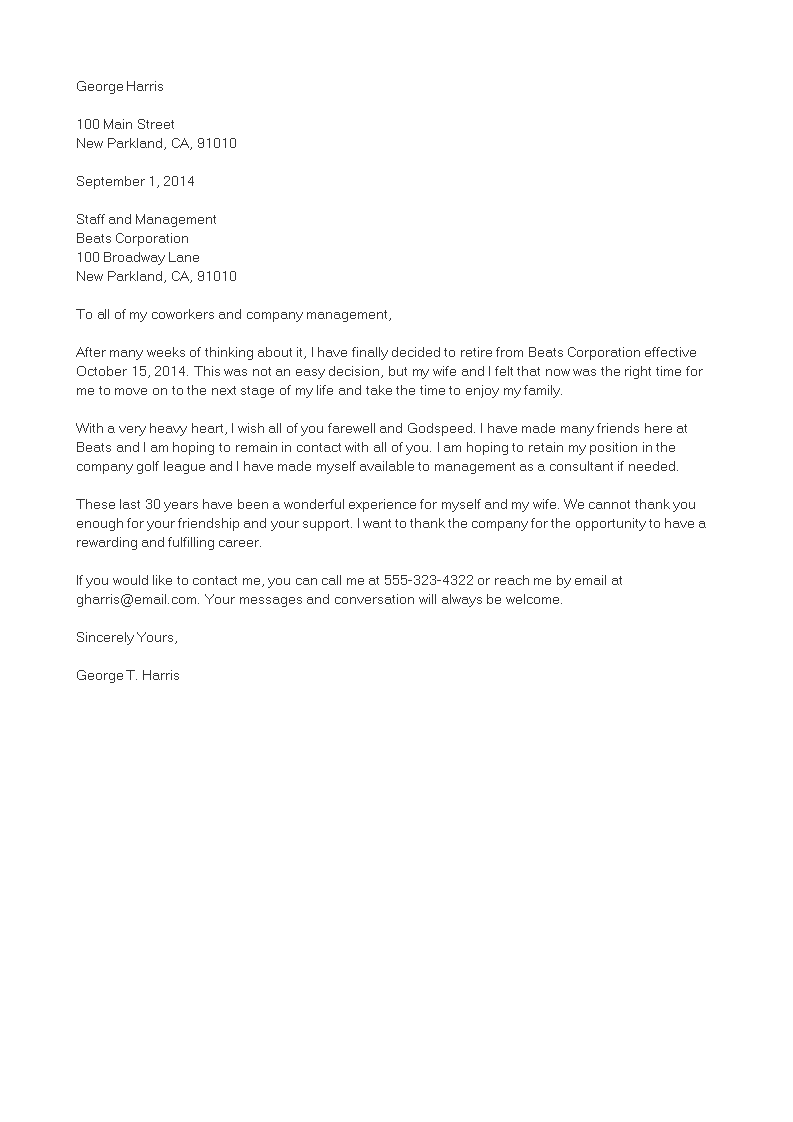 retirement goodbye letter to coworkers template