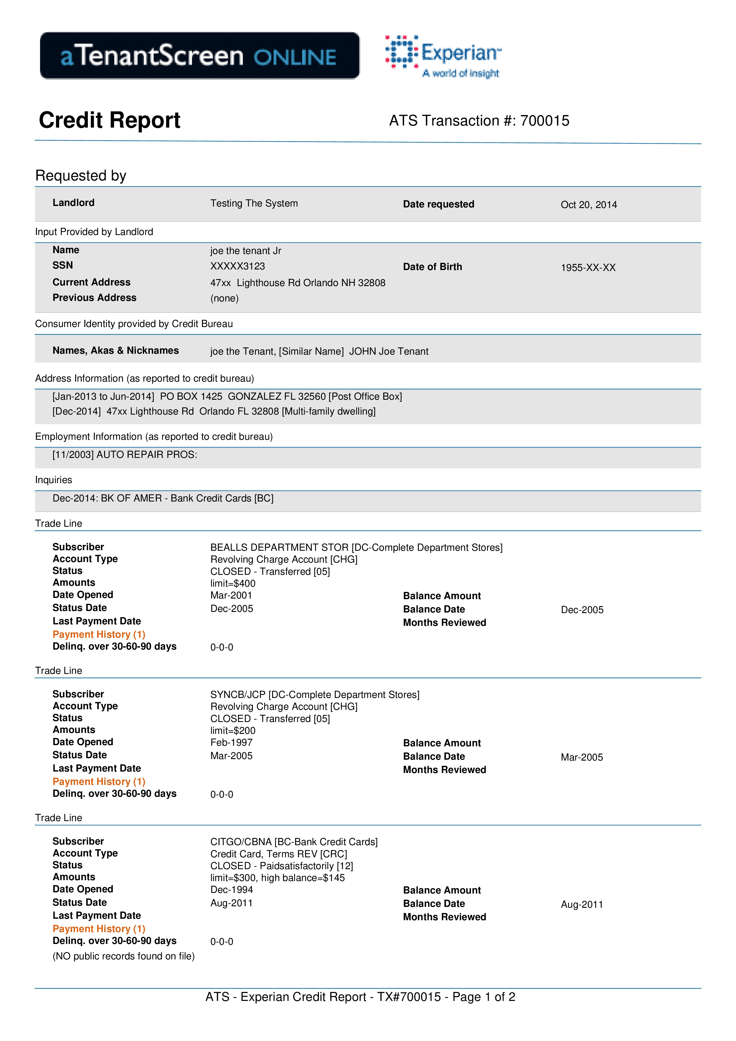 experian credit report template