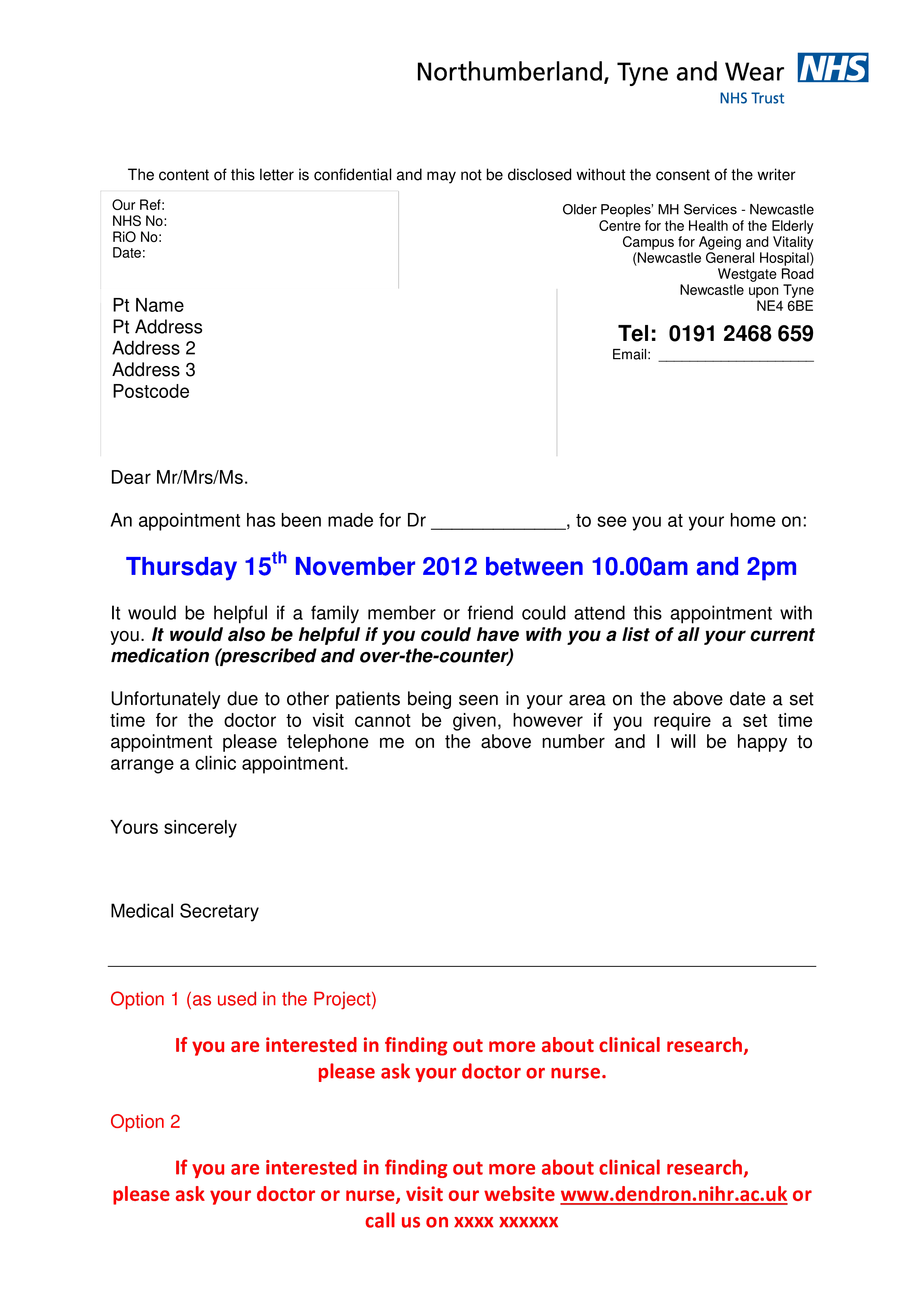 hospital appointment letter format template