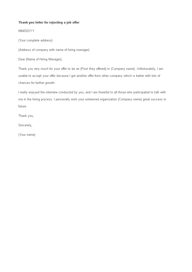 rejecting of job offer thank you letter template