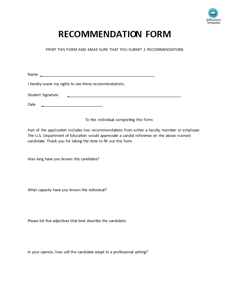 Internship Reference Letter Form main image