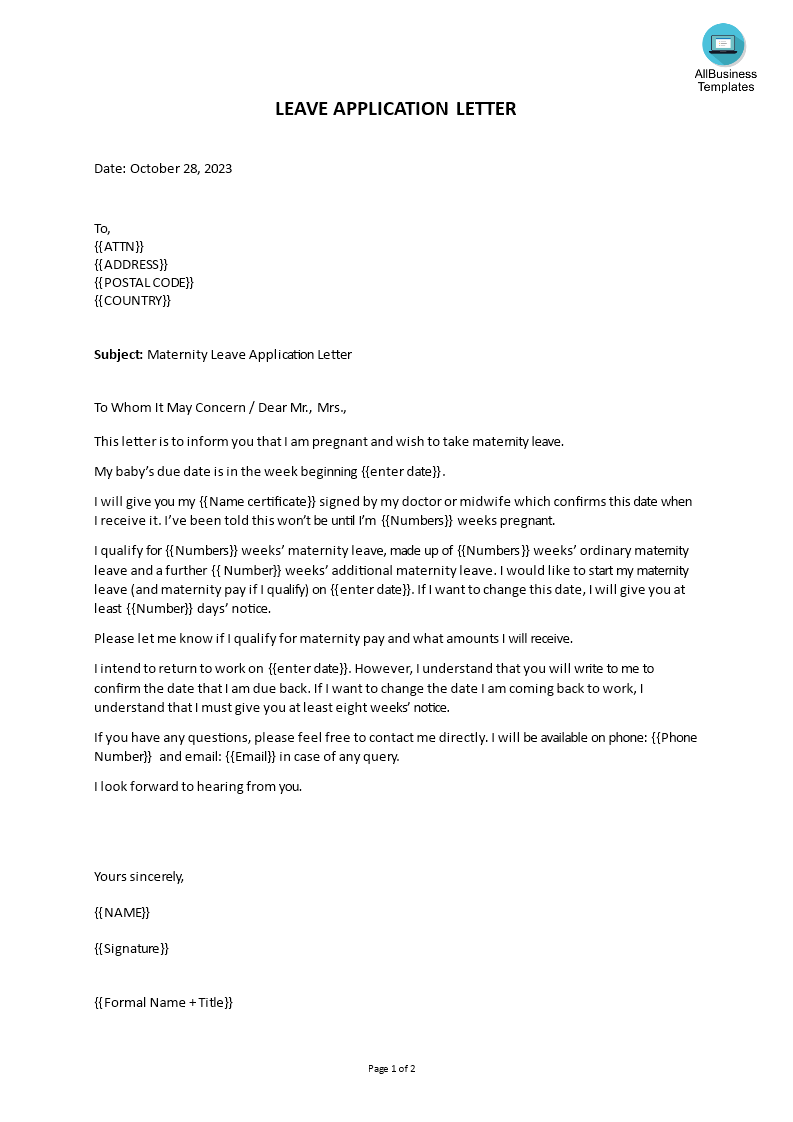 maternity leave application letter template