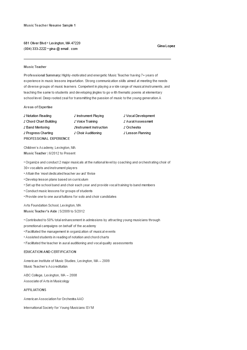 music teacher resume word voorbeeld afbeelding 