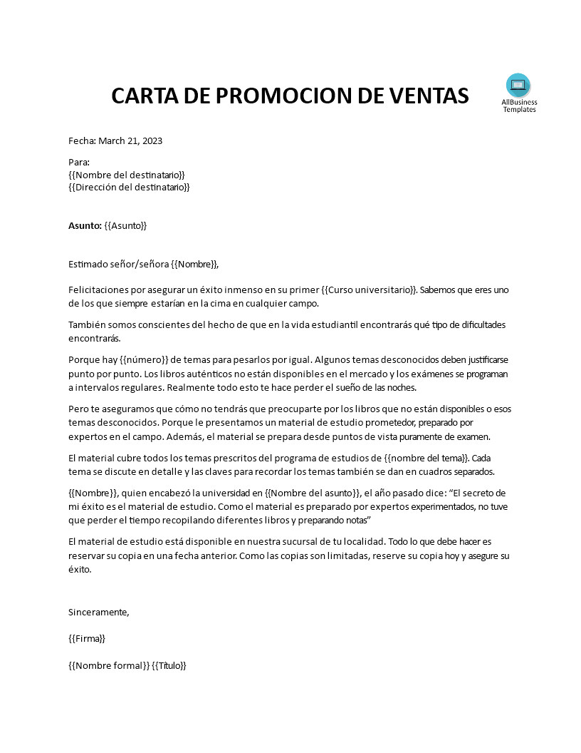 carta de promoción de ventas voorbeeld afbeelding 