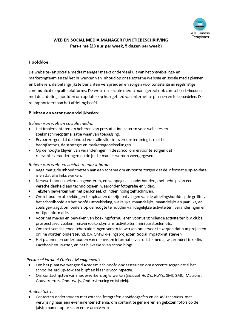 social media functieomschrijving template