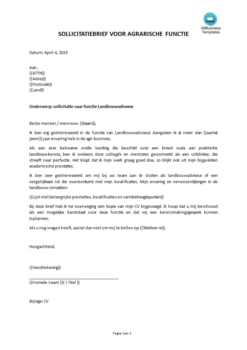 sollicitatiebrief landbouw template