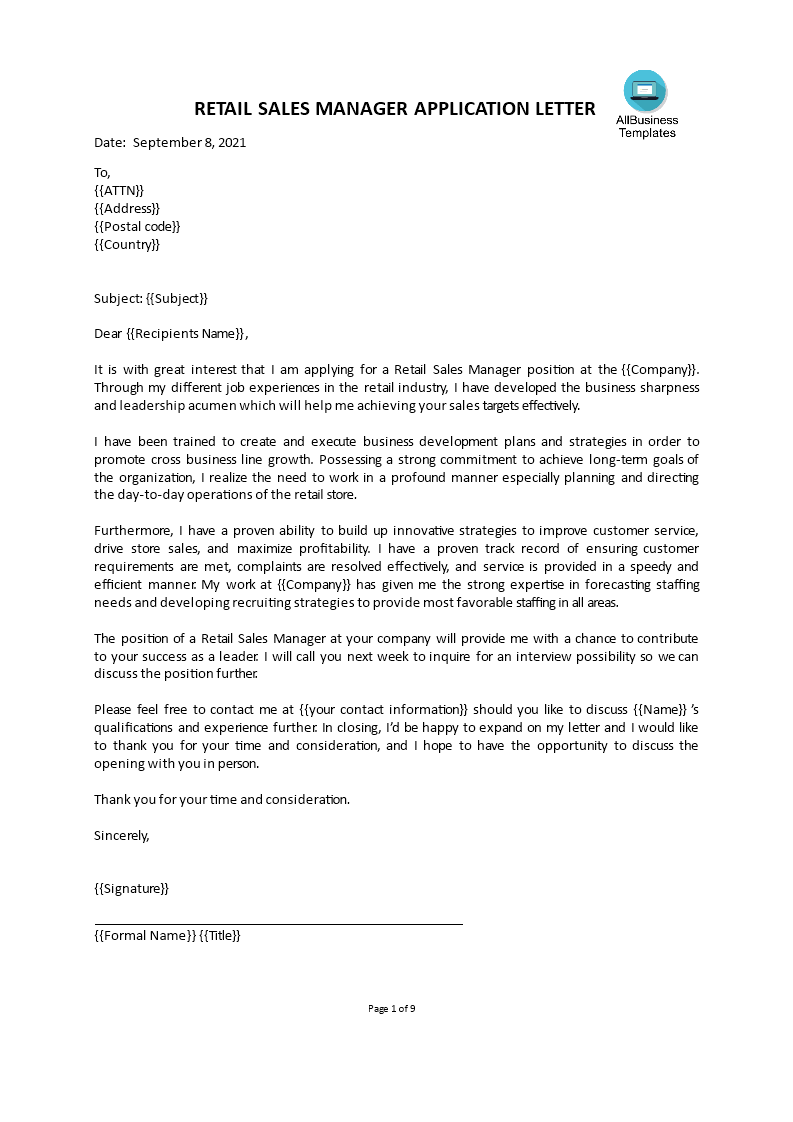 cover letter for sales manager template