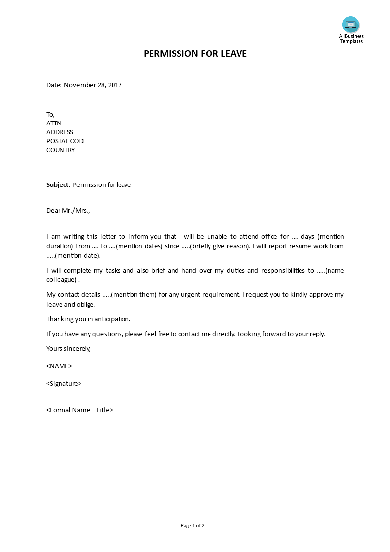 permission for leave letter template