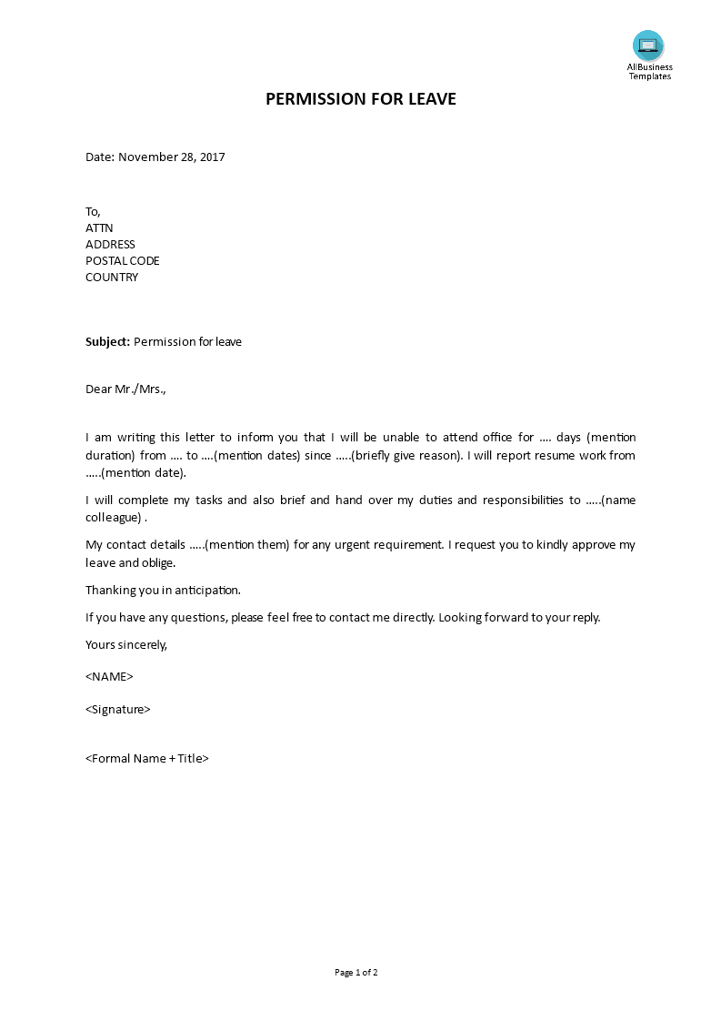 Permission for Leave Letter main image