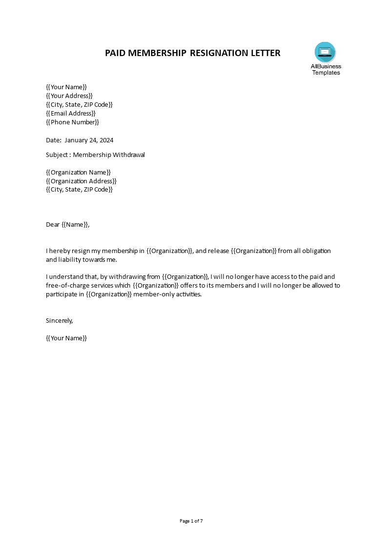 membership resignation letter in word modèles