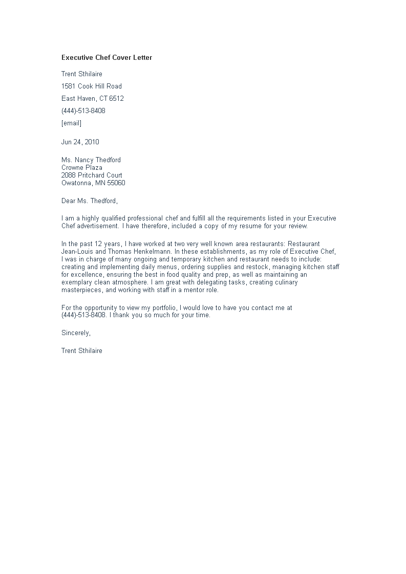 application letter for a job as chef