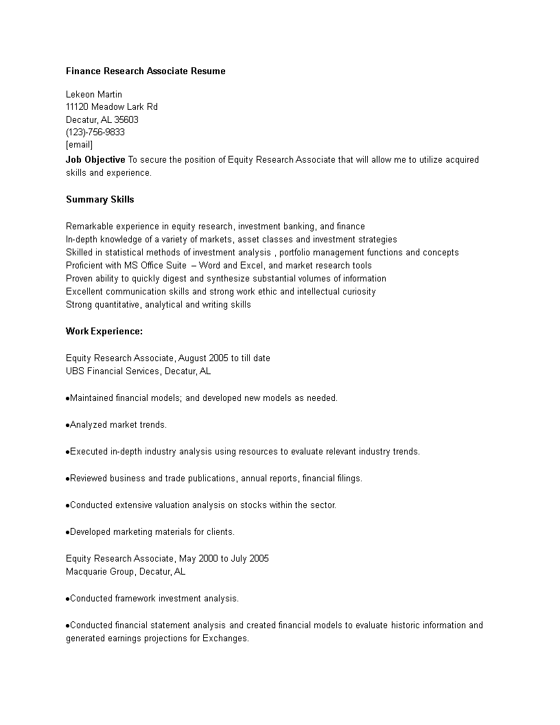 Finance Research Associate Resume 模板