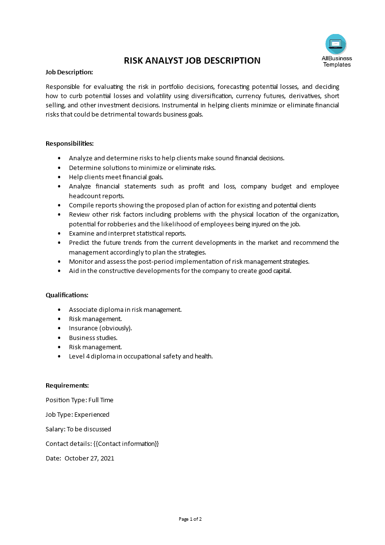 risk analyst job description template