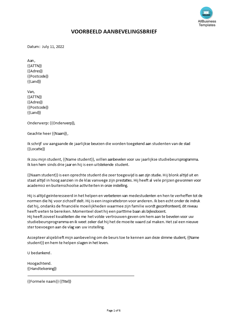 aanbevelingsbrief studentenraad template